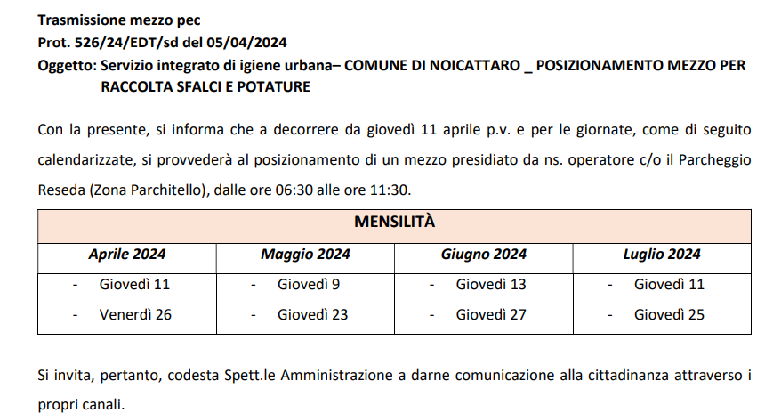 Informazioni all'utenza sul posizionamento di un mezzo per il conferimento di sfalci e potature